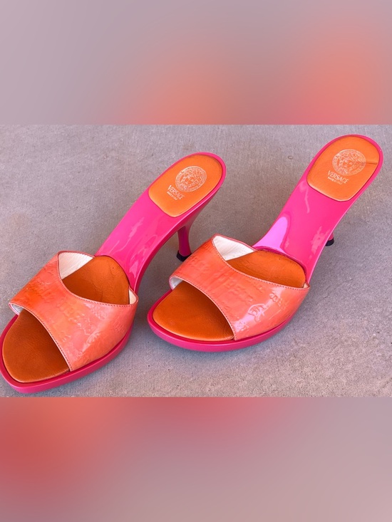 Versace Shoes - Vintage Versace Medusa Platform Mule Heels Pink Coral Orange Leather Size 39 Y2K